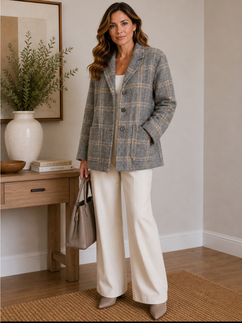 Rena Rowan wool plaid knit  jacket size XlArge gray beige  office career